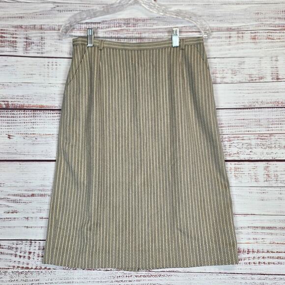 Escade Wool Silk Blend Skirt Sz 10 Tan Chevron Twill Slit Pockets Career Office